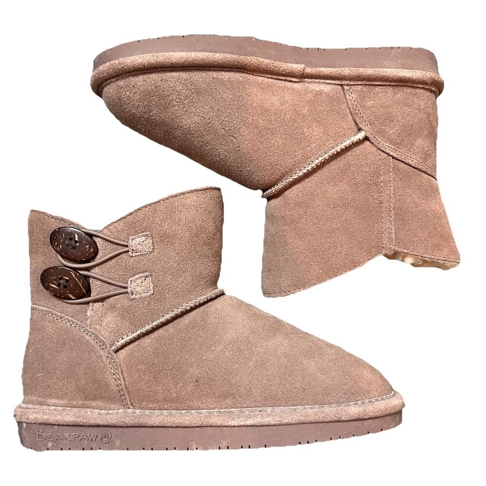 BEARPAW women's snow booties shoe size 5 Tan brown suede upper ROSY button up